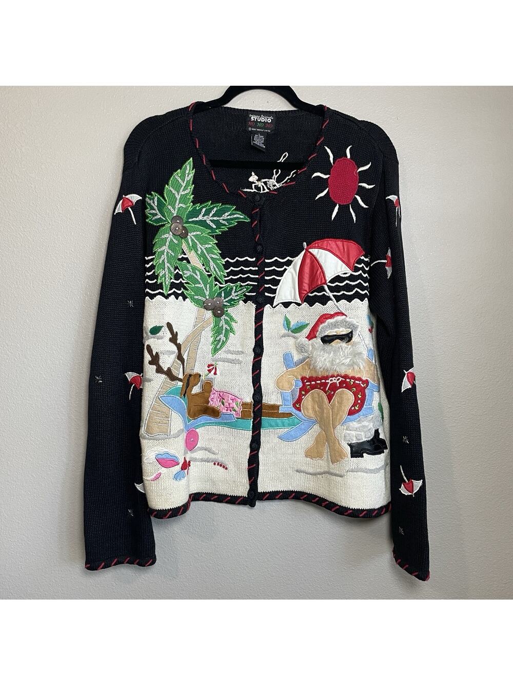 Studio Ho Ho Ho Ugly Beach Christmas Sweater Sz Large Santa Black Embellishment